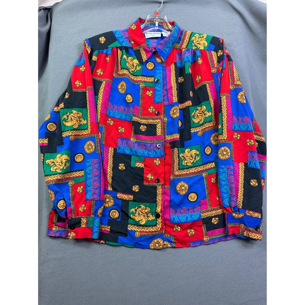 Alfred Dunner Women Vintage Scarf‎ Print Button Down Blouse Shoulder Pads SZ 14P